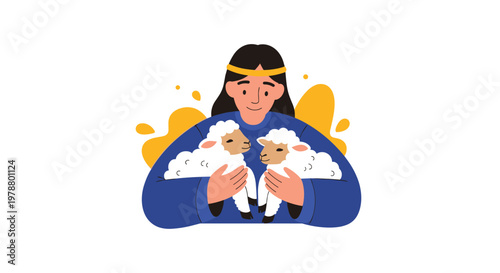 Young woman holding two fluffy white lambs with a warm and caring expression represents themes of kindness, animals, and gentle nature scenes.