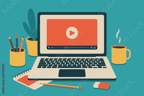 Flat of laptop with coffee cup and hands typing flat laptop