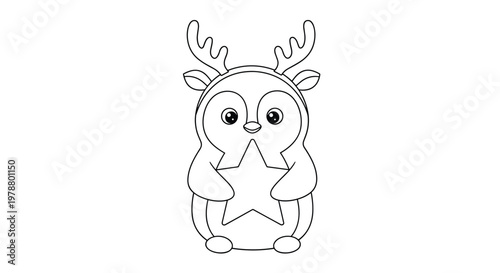 Cute penguin character wearing reindeer antlers and holding a large star offers a charming and festive line art illustration for winter holidays.