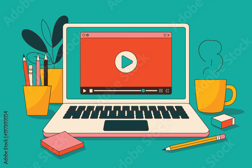 Flat of laptop playing with popcorn and soda flat laptop