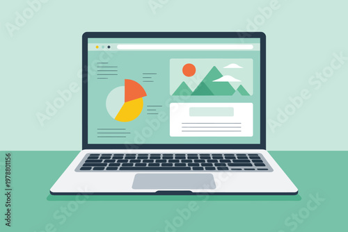 Flat of laptop with pie chart and house on screen computer