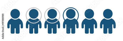 Group of people icons with selected individual highlighted by circle and icon, conceptualizing group selection or focus.