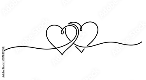Intertwined two hearts continuous line drawing symbol of eternal love and relationship isolated on white background.