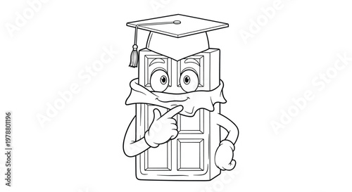 Chocolate bar character wearing a graduation cap and thinking with its hand on its chin represents knowledge, learning, and academic success.