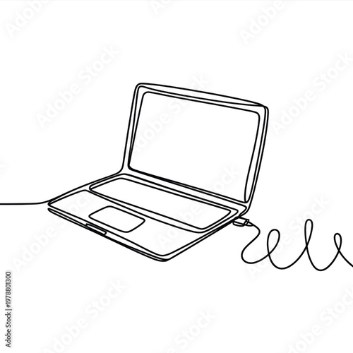 Minimalist black line of an open laptop on white background