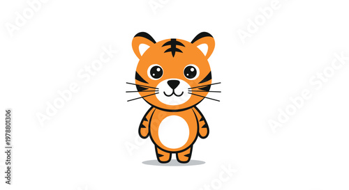 Adorable baby tiger character with large eyes and orange fur standing peacefully on a clean white background portrait.