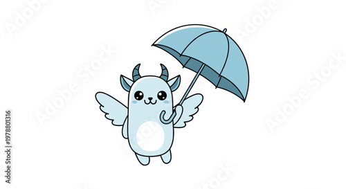Cute mythical creature with wings and horns holding a blue umbrella represents whimsical character design for children.