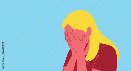 Sad woman covering her face with hands depicts emotional distress and grief in a minimalist flat vector illustration style.