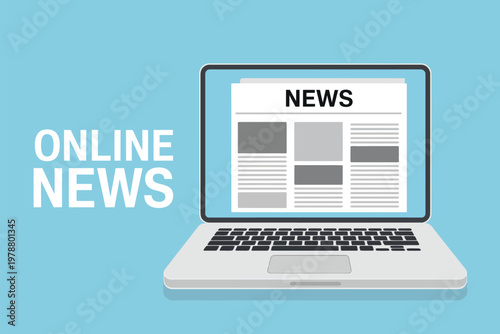 Minimalist of a laptop displaying online news on a blue background