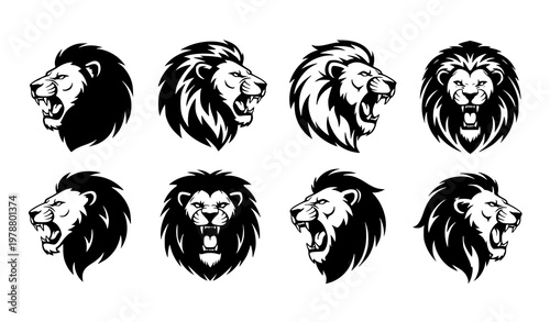Bold roaring lion head silhouette logo vector set for branding and identity design