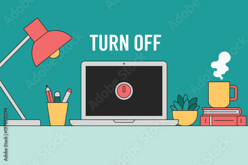 Minimalist of a laptop with power button and plant on desk