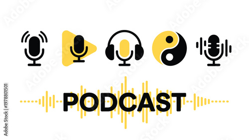 Minimalist set for podcasting featuring headphones and sound waves