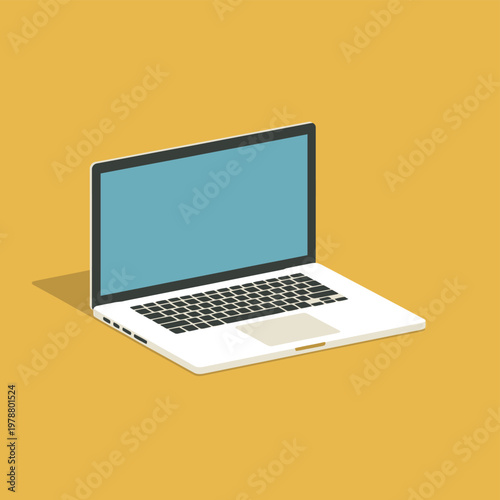 Minimalist white laptop on yellow background with blue screen