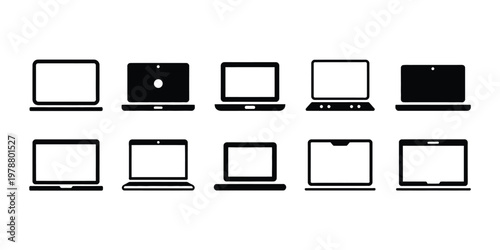 Ten minimalist black laptop on white background digital device UI UX software tech symbols