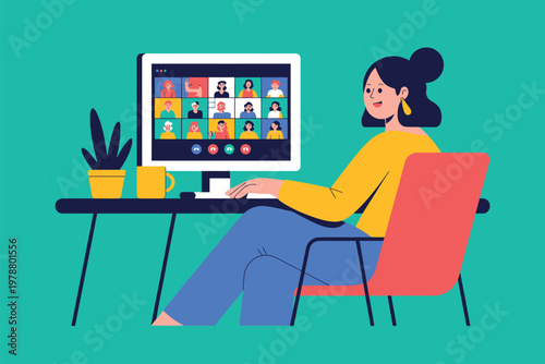 Woman in yellow and red skirt watching call on laptop