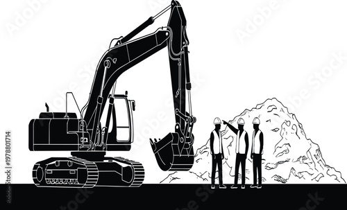 Black Silhouette of Heavy Excavator with Professional Construction Team in Safety Vests Standing by Sand Pile for Civil Engineering and Site Development Projects