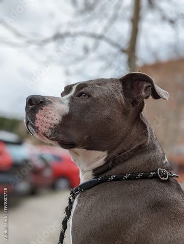 Beautiful gray and white pit bull dog looking into the distance with a calm expression today