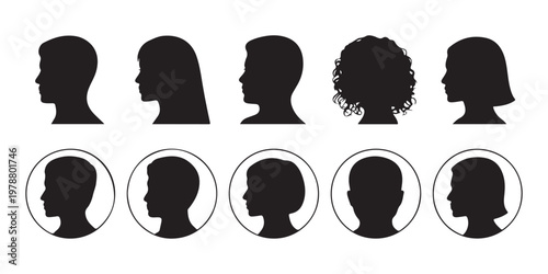 Collection of diverse people head silhouettes in profile view, some framed by circles, showing variety.