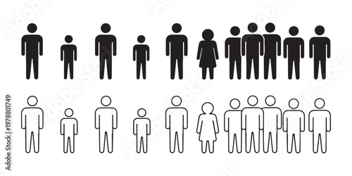 Diverse group of people icons, men women and children, solid filled and outline style, group composition.
