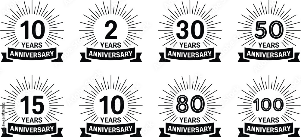 Φωτογραφία Anniversary logotype set, clean vector icons featuring milestone numbers 10 to 100 with ribbon labels for birthday celebration branding and anniversary design