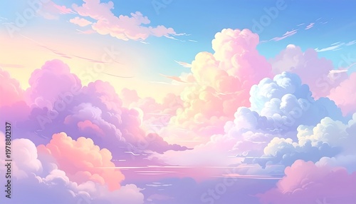 A vibrant, soft pastel illustration depicts a dreamy sky filled with puffy clouds in shades of pink, yellow, blue, and white