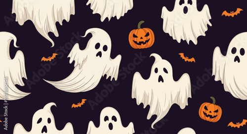 White ghosts and orange pumpkins pattern.