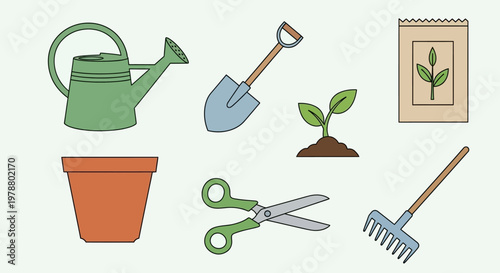 Gardening tools and plant pot.