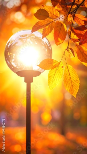 A vibrant shot of autumn foliage with a lamp post glowing brightly in the sunlight, creating a warm, scenic view