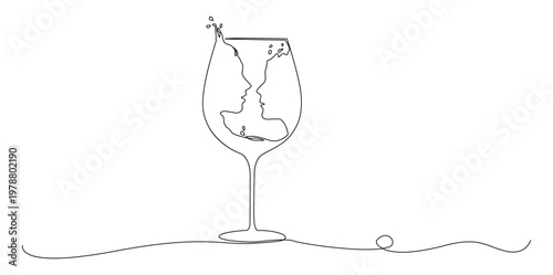 An elegant continuous single line illustration of a wine glass forming two human profiles facing each other, symbolizing love, romance and connection.