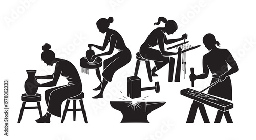 Artisans crafting pottery, weaving, and blacksmithing, silhouette vector illustration