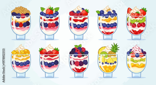 Variety of colorful fruit desserts displayed.