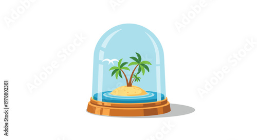 A miniature tropical paradise featuring three lush green palm trees on a sandy island is perfectly preserved inside a clear glass dome with a wooden base.