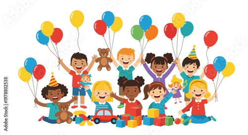 Children celebrate festive event with colorful balloons and toys