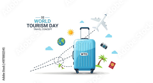 World Tourism Day promotion features a suitcase with travel icons