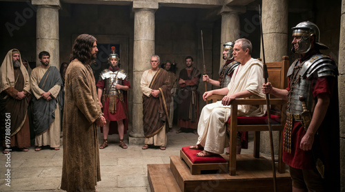 Jesus stands before Pontius Pilate in a biblical scene.. Jesus before Pontius Pilate, biblical scene