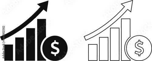 Title financial growth and investment bar graph and rising line with currency description black and white illustration depicting financial growth