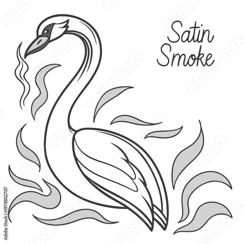 Elegant line art illustration of a graceful swan surrounded by stylized smoke or feather elements with decorative text