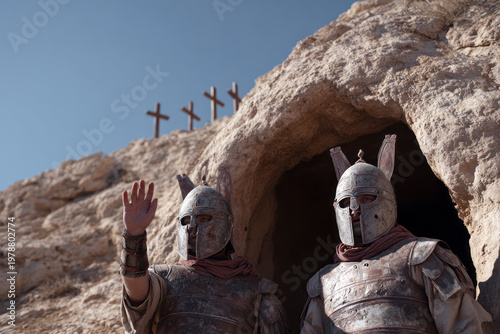 Two Roman soldiers near a cave with crosses.. Roman soldiers, biblical scene of the crucifixion of Jesus of Nazareth