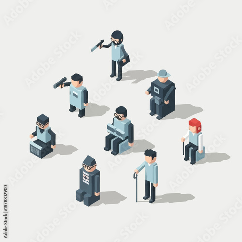 Diverse group of isometric characters representing different professions and ages.