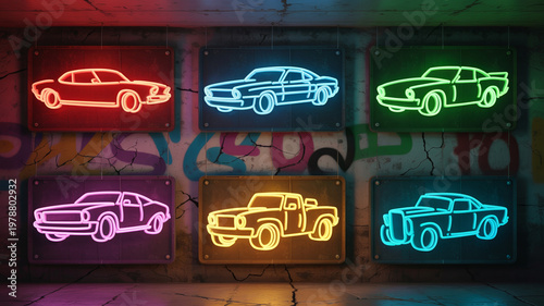 Neon signs of various colorful cars and trucks on a graffiti wall background