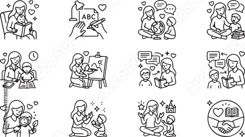 Mother Teaching Child Line Icons – Home Education System