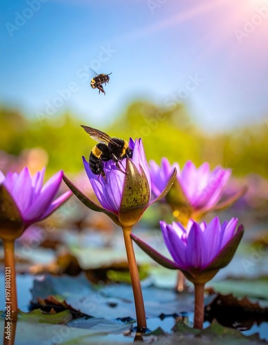 A vibrant shot of bees, one landing and another airborne, amidst purple lotuses in a sunlit pond, capturing nature's harmony