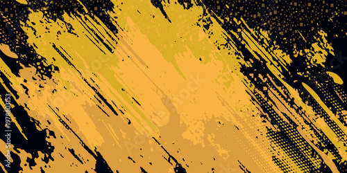 Black and yellow abstract background with brush stroke and halftone style. abstract grunge
