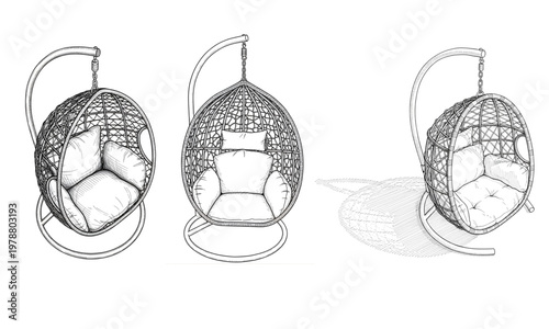 hand drawn Premium Rattan Hanging Egg Chair with Stand and Weather-Resistant Cushions - Ergonomic Outdoor Wicker Swing for Patio, Balcony, and Garden Relaxation