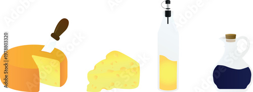 A set of cheese, wine, olive oil, and balsamic vinegar, gourmet food collection, Mediterranean cuisine ingredients, elegant culinary composition, vector illustration