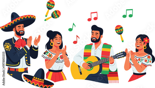 Joyful mariachi band playing music and clapping hands at a festive Mexican celebration with maracas and sombreros.