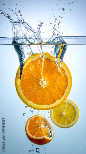 A vibrant shot of citrus fruit slicing through water, creating splashes and a dynamic underwater scene
