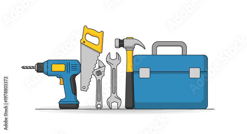 Vector illustration of workshop tools and equipment on a workbench