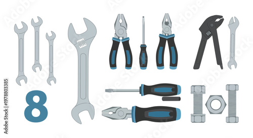 A collection of home repair equipment tools laid out on a surface