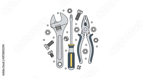 Vector illustration of tools and equipment for a healthy lifestyle with wrench, pliers, screwdriver, bolts, and nuts.